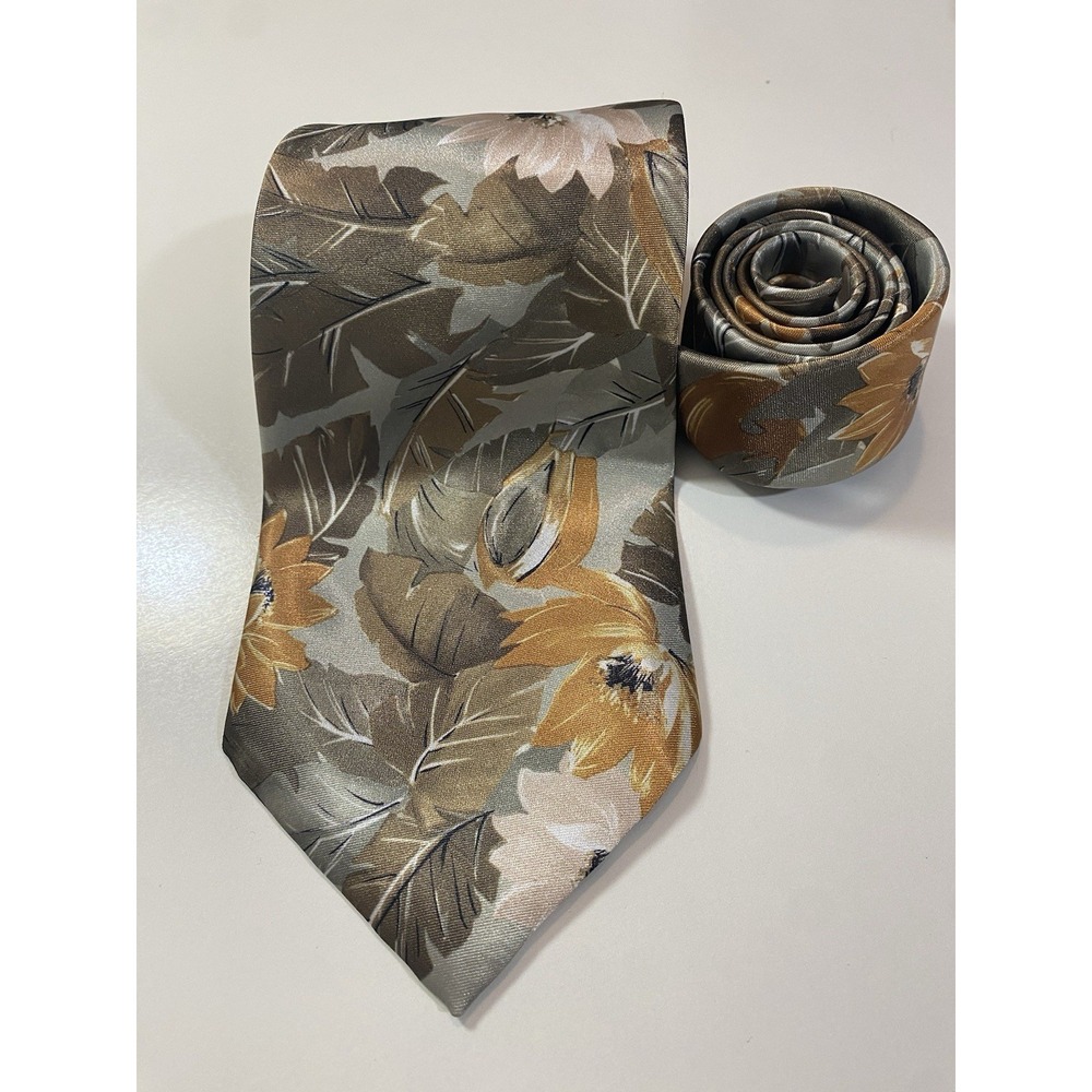 Vintage Fabio Di Firenze 100% Silk Tie Large Floral Pattern Taupe Brown Italy